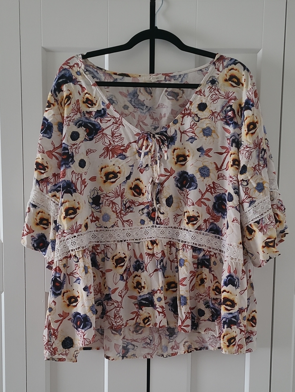 Maurices Cream Floral Lace-Trim Tunic with Navy & Yellow Blooms